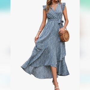 BTFBM Women Blue Floral Maxi V neck Dress with safety button Size M